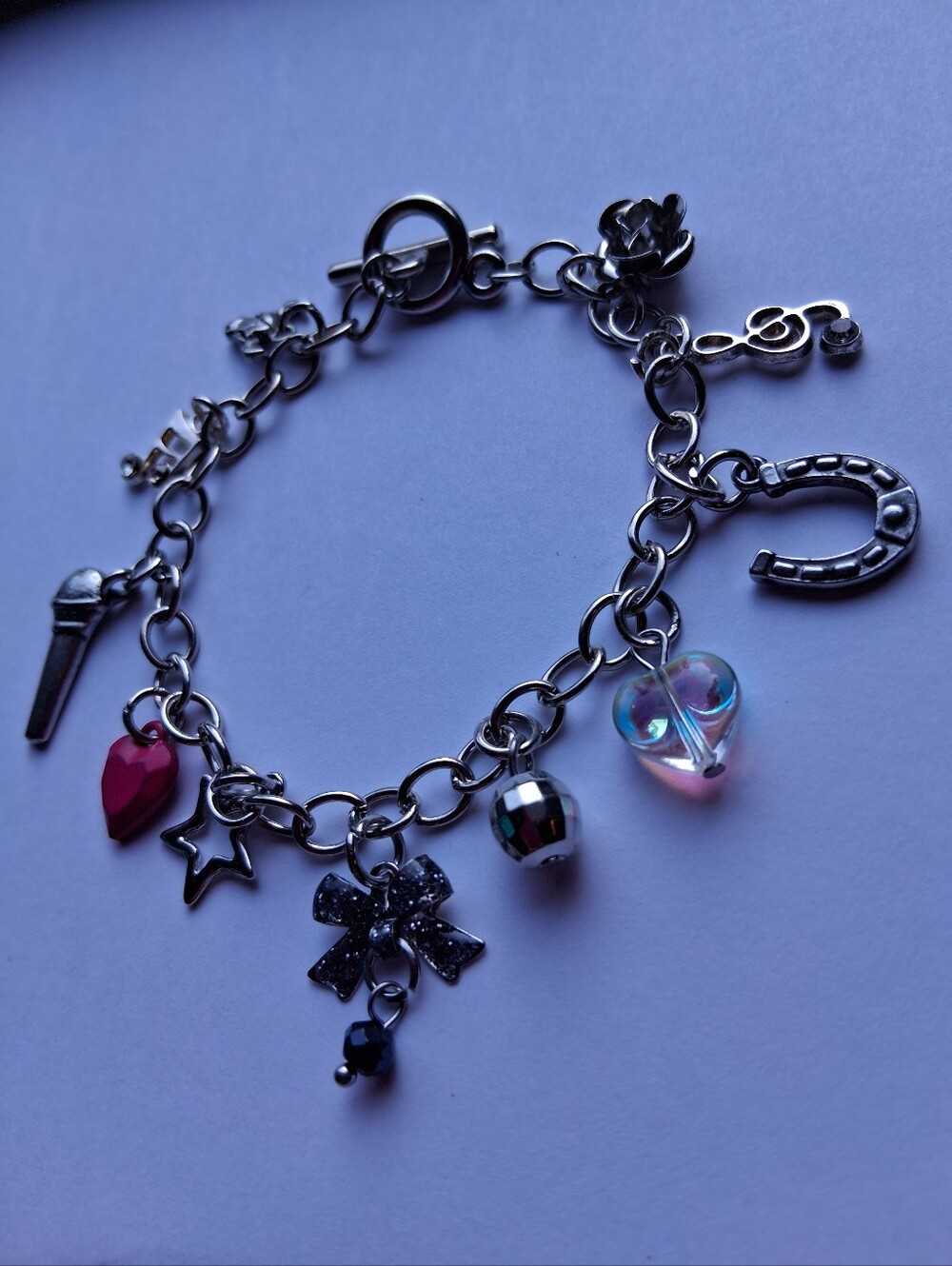 Hand Crafted Silver Charm Bracelet with Pink Iridescent Heart and Pink Charm